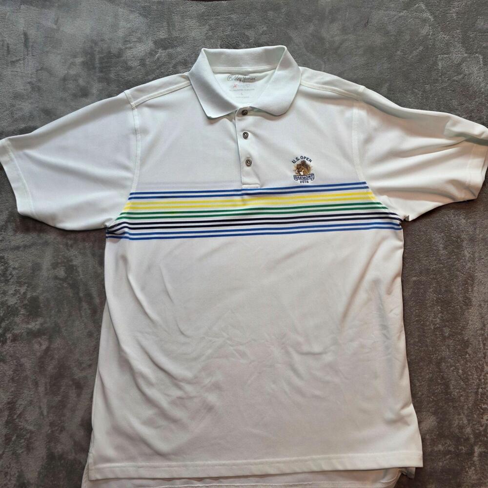 2016 U.S. Open Oakmont Shirt Polo Mens Large White Striped Bobby Jones Golf
